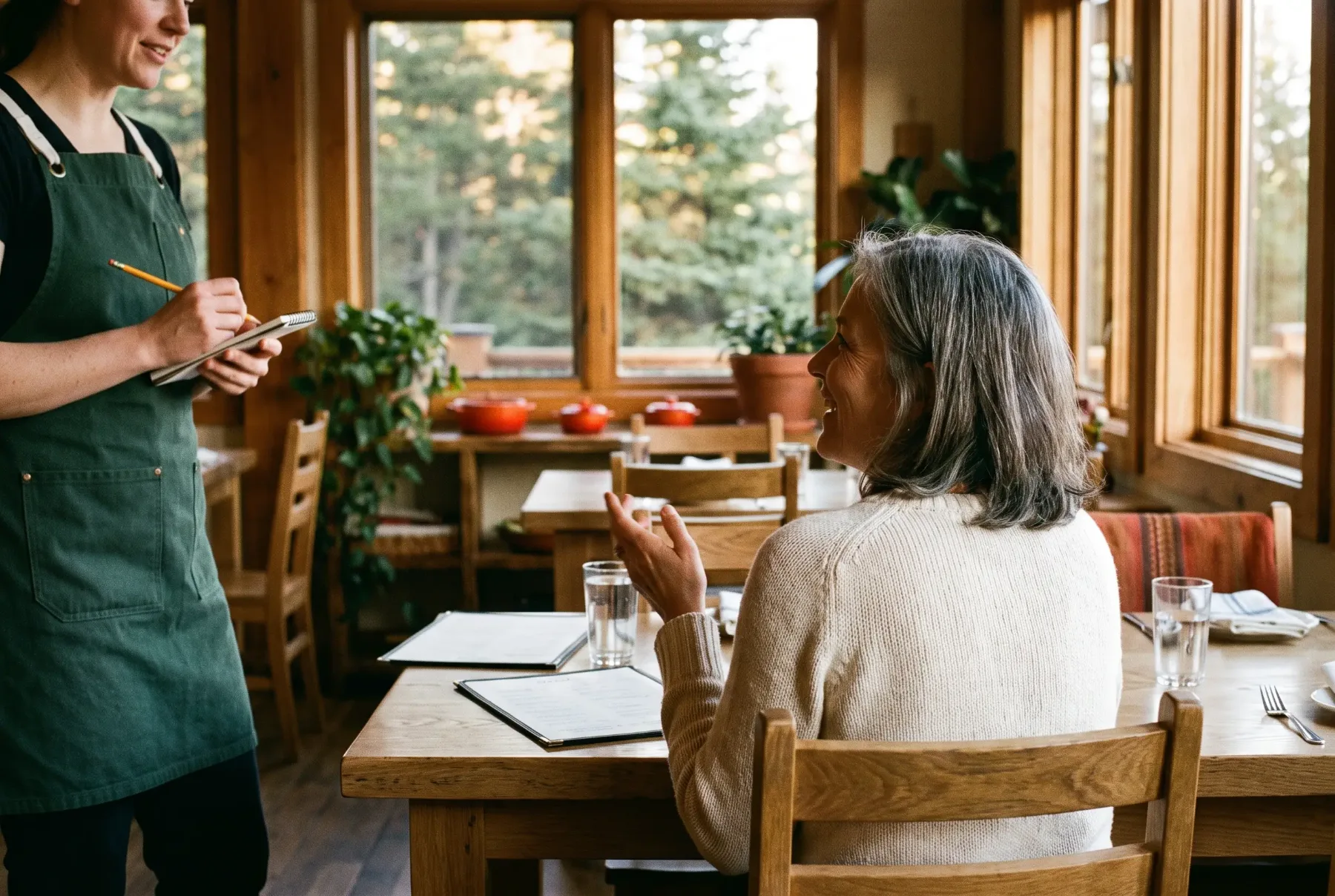 A guest ordering from a server at a warm neighborhood restaurant