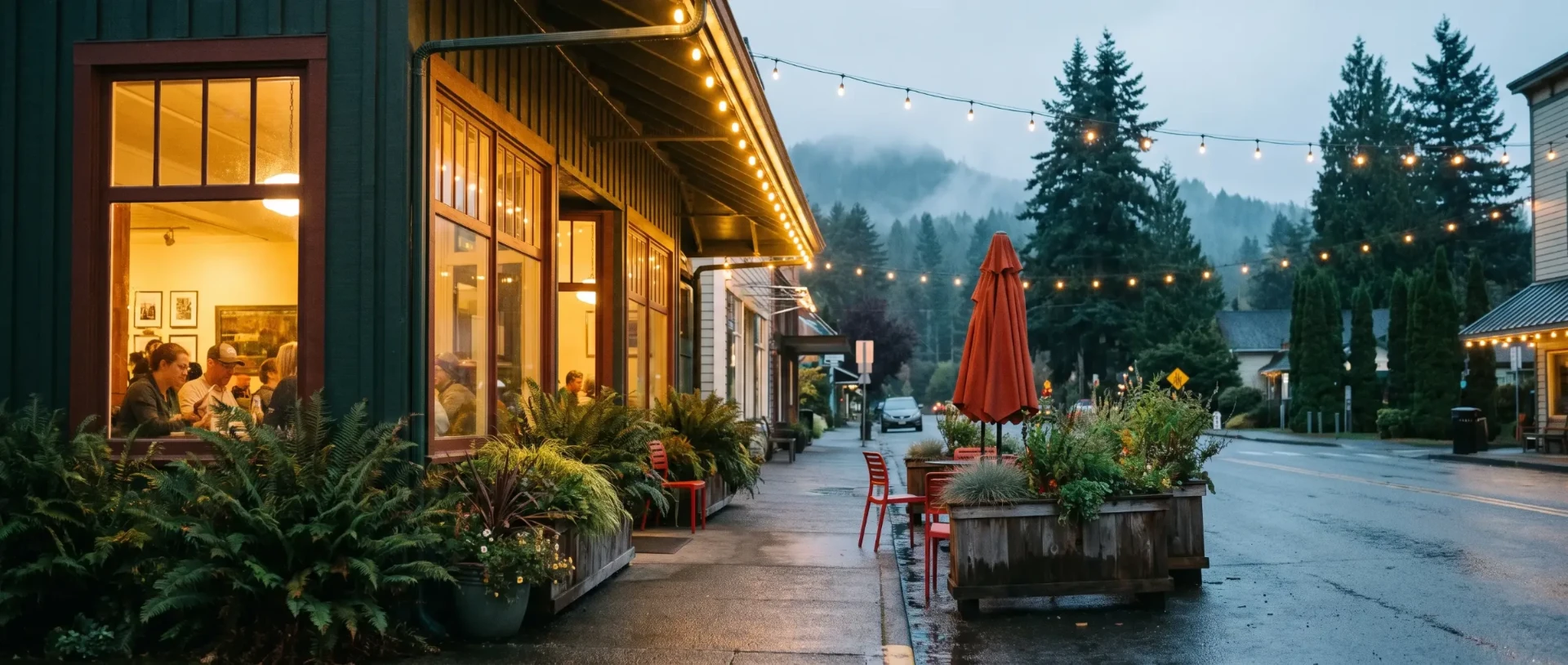 A cozy restaurant glowing on a rainy main street at dusk