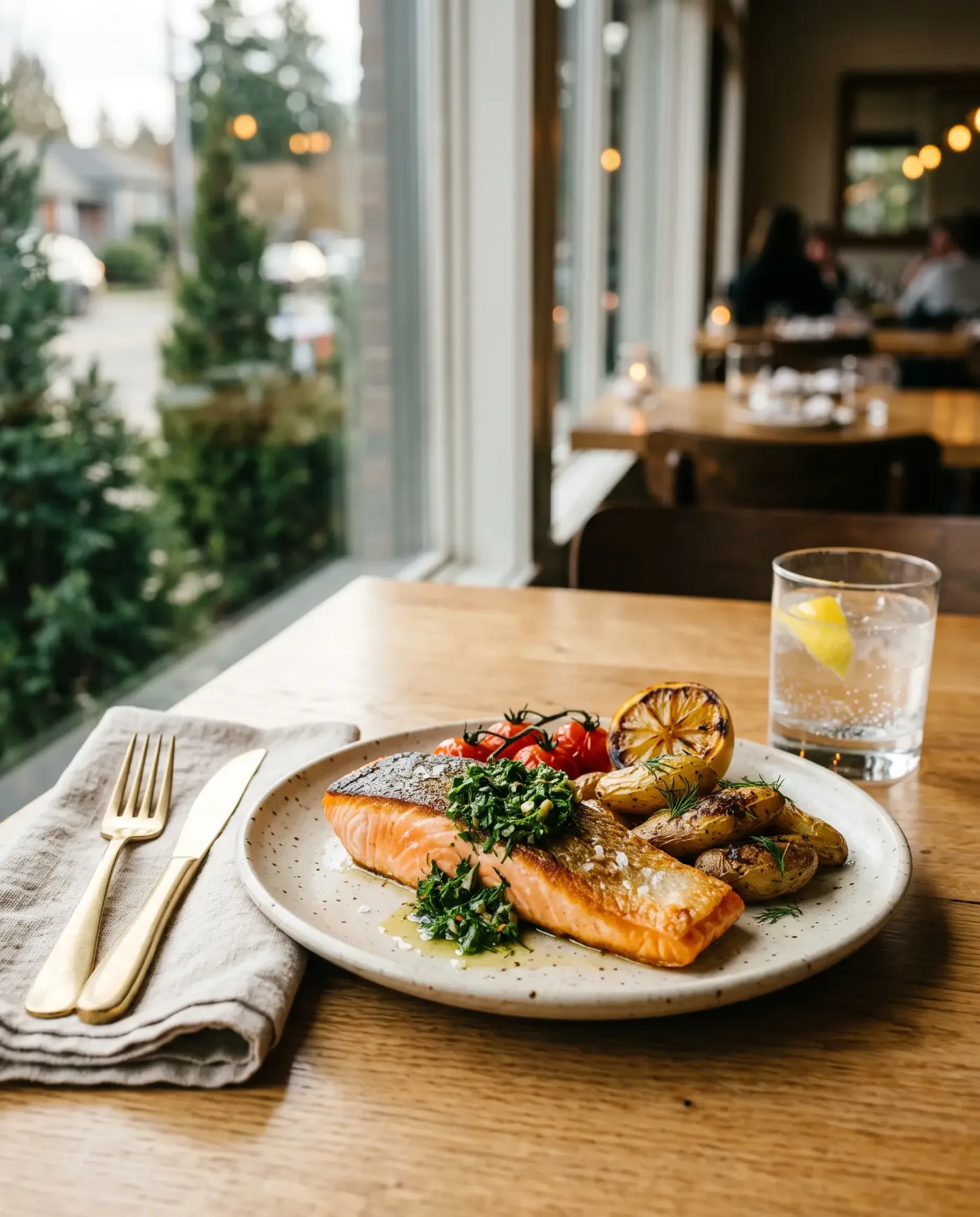 A plated salmon dish at a restaurant window table